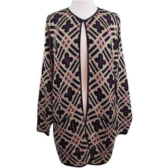 Brenda French Rags Santana Knit Open Front Cardigan Sweater Beige Black 2 M/L - Picture 1 of 6